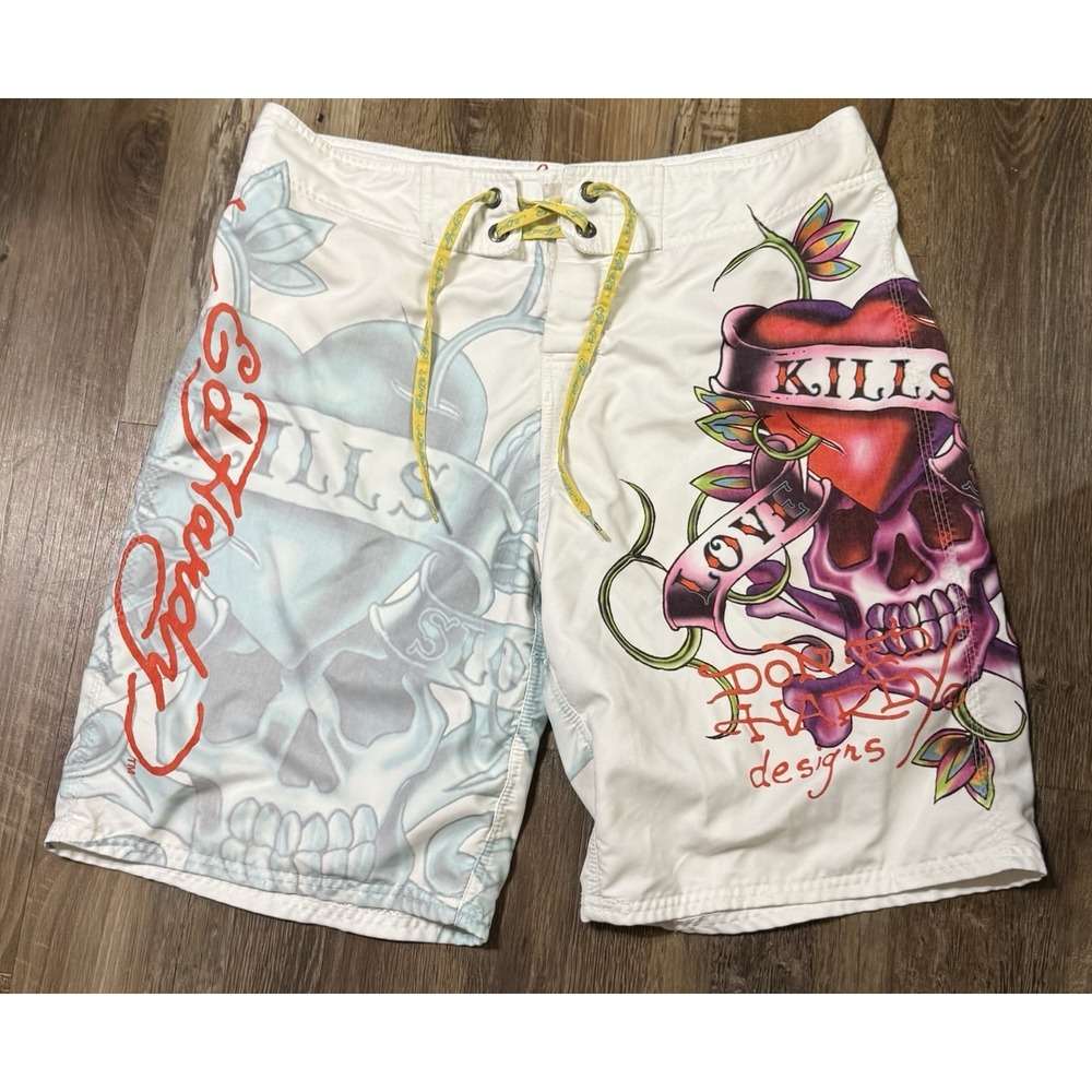 Ed Hardy Men's Vintage Nylon Shorts Logo Y2K  Christian Audigier Size 36 tattoo